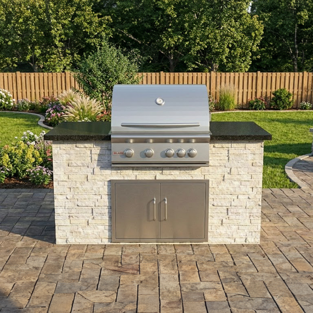 Outdoor grill with stone surround on a patio