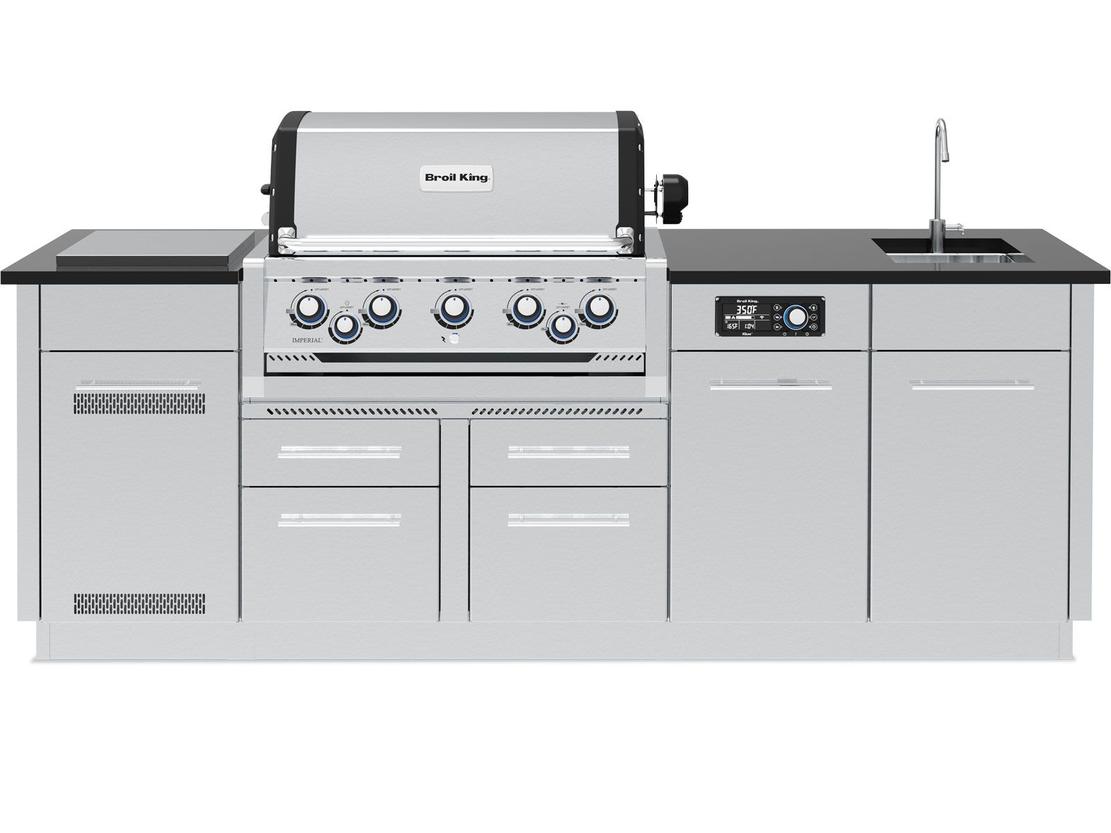 Broil King 10 1/2-Foot Outdoor Kitchen Island with Imperial QS 590i 5-Burner Gas Grill, Rotisserie, Side Burner, Sink, Refrigerator & iQue™ Technology Control