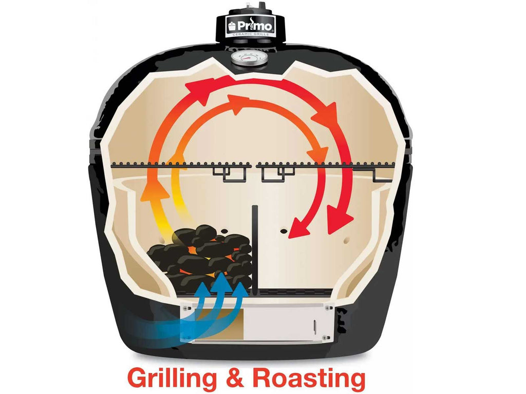 Primo Oval XL Ceramic Kamado Grill On Steel Cart With Side Shelves And Stainless Steel Grates