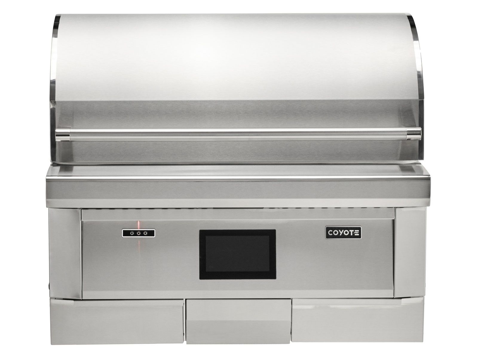Haven 8 ft. outdoor kitchen island w/ coyote 36-inch pellet grill, single storage drawer, trash center &24-inch refrigerator - brushed black