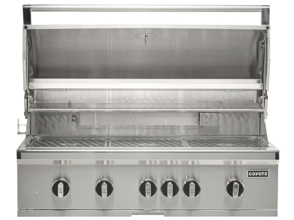 coyote sl-series 42-inch 6-burner built-in gas grill with ceramic briquettes, sear burner, infrared rear burner & rotisserie kit