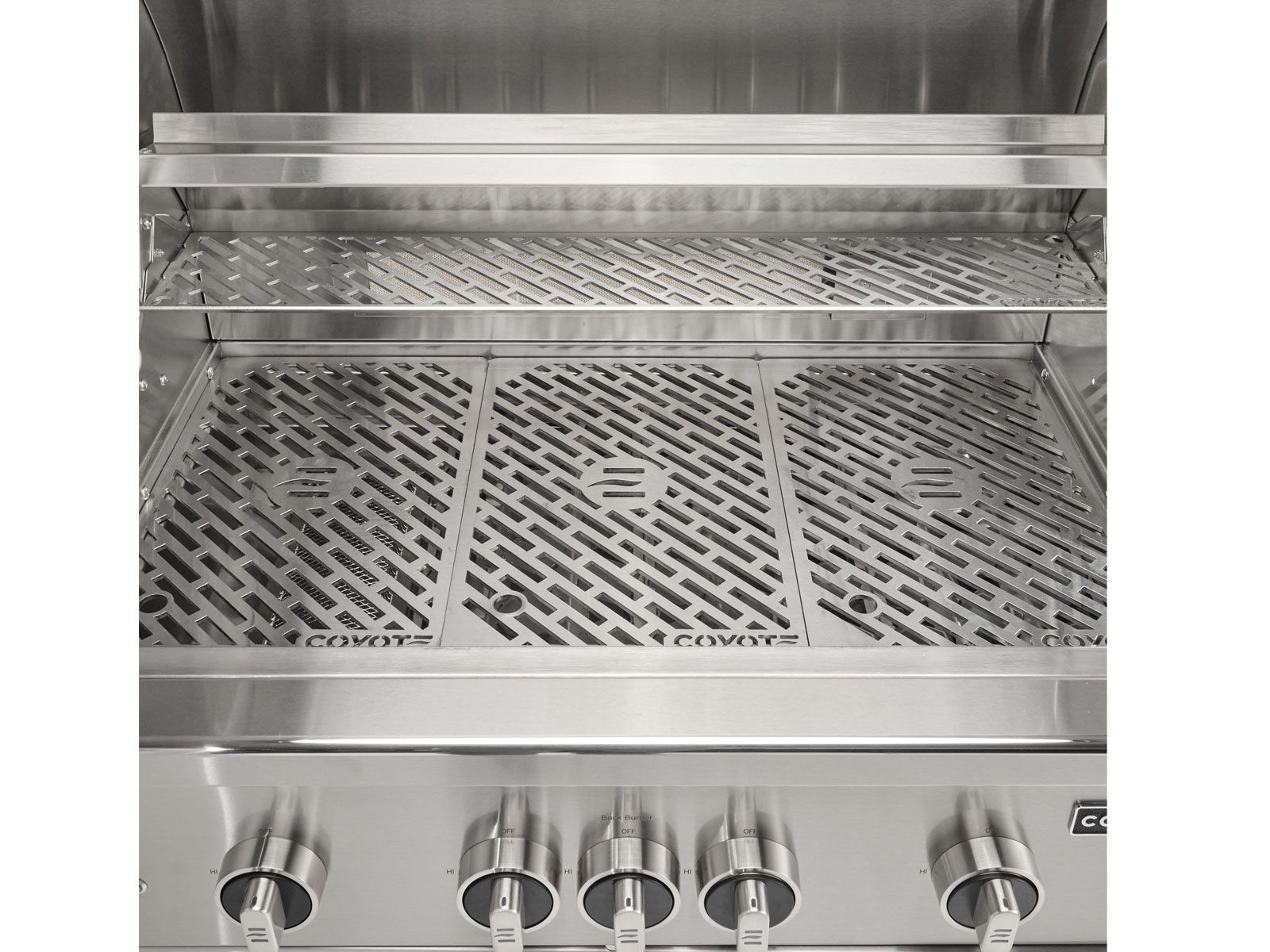 coyote sl-series 36-inch 5-burner built-in gas grill with ceramic briquettes, sear burner, infrared rear burner & rotisserie kit