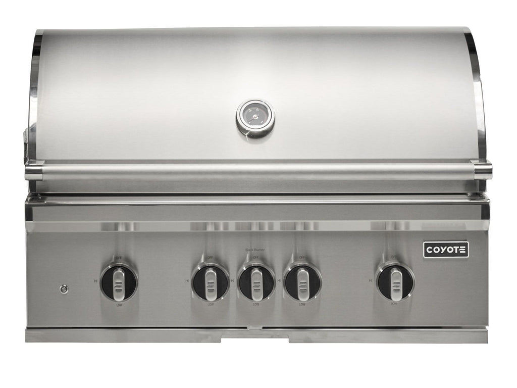 coyote sl-series 36-inch 5-burner built-in gas grill with ceramic briquettes, sear burner, infrared rear burner & rotisserie kit