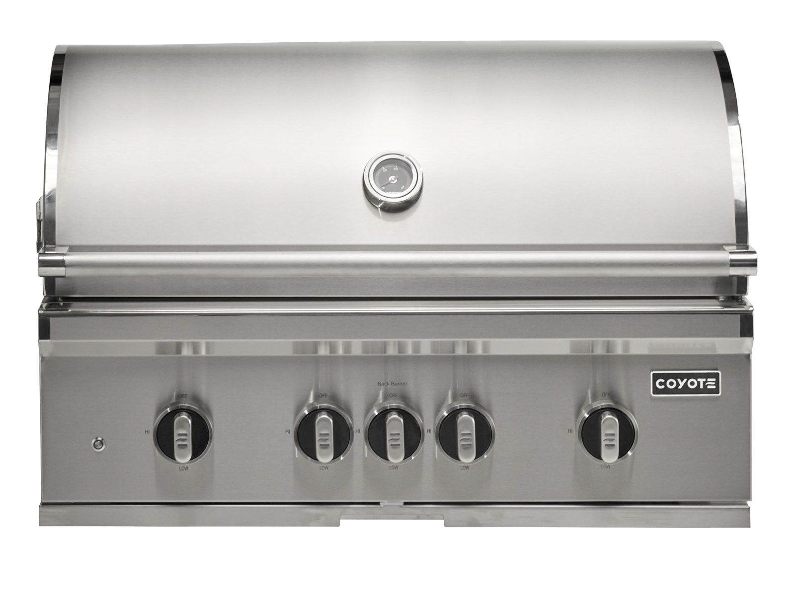 coyote sl-series 36-inch 5-burner built-in gas grill with ceramic briquettes, sear burner, infrared rear burner & rotisserie kit