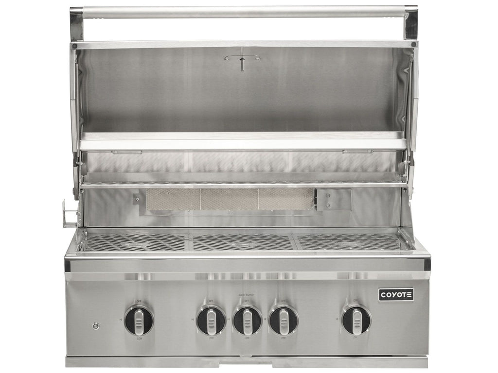 coyote sl-series 36-inch 5-burner built-in gas grill with ceramic briquettes, sear burner, infrared rear burner & rotisserie kit