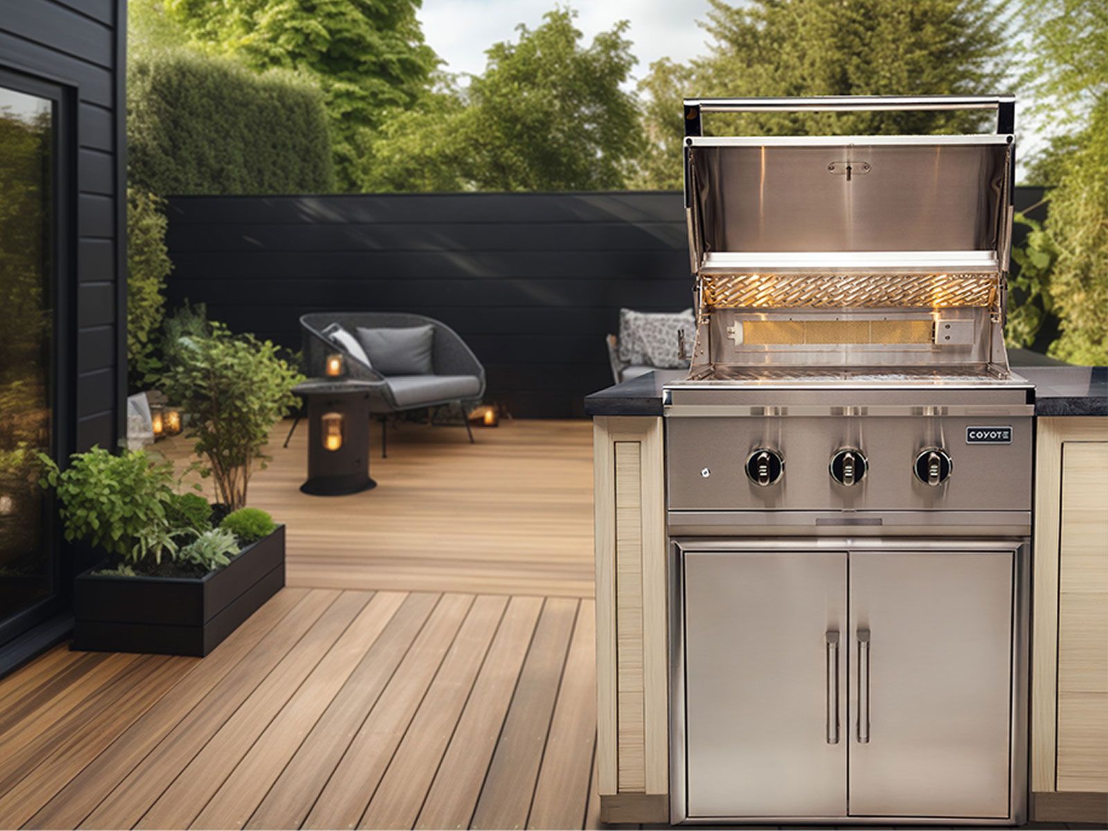 coyote sl-series 30-inch 3-burner built-in gas grill with ceramic briquettes, sear burner, infrared rear burner & rotisserie kit