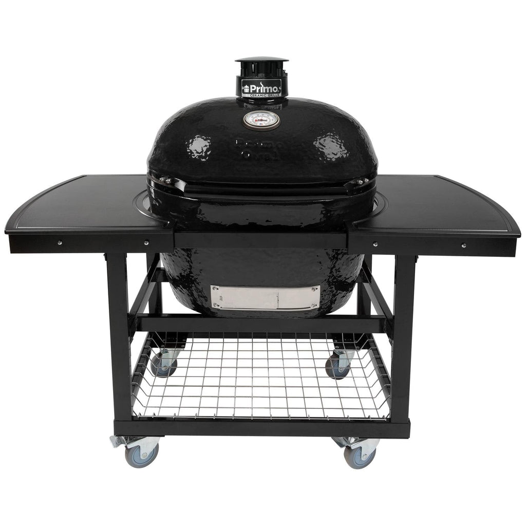 Primo Oval XL Ceramic Kamado Grill On Steel Cart With Side Shelves And Stainless Steel Grates