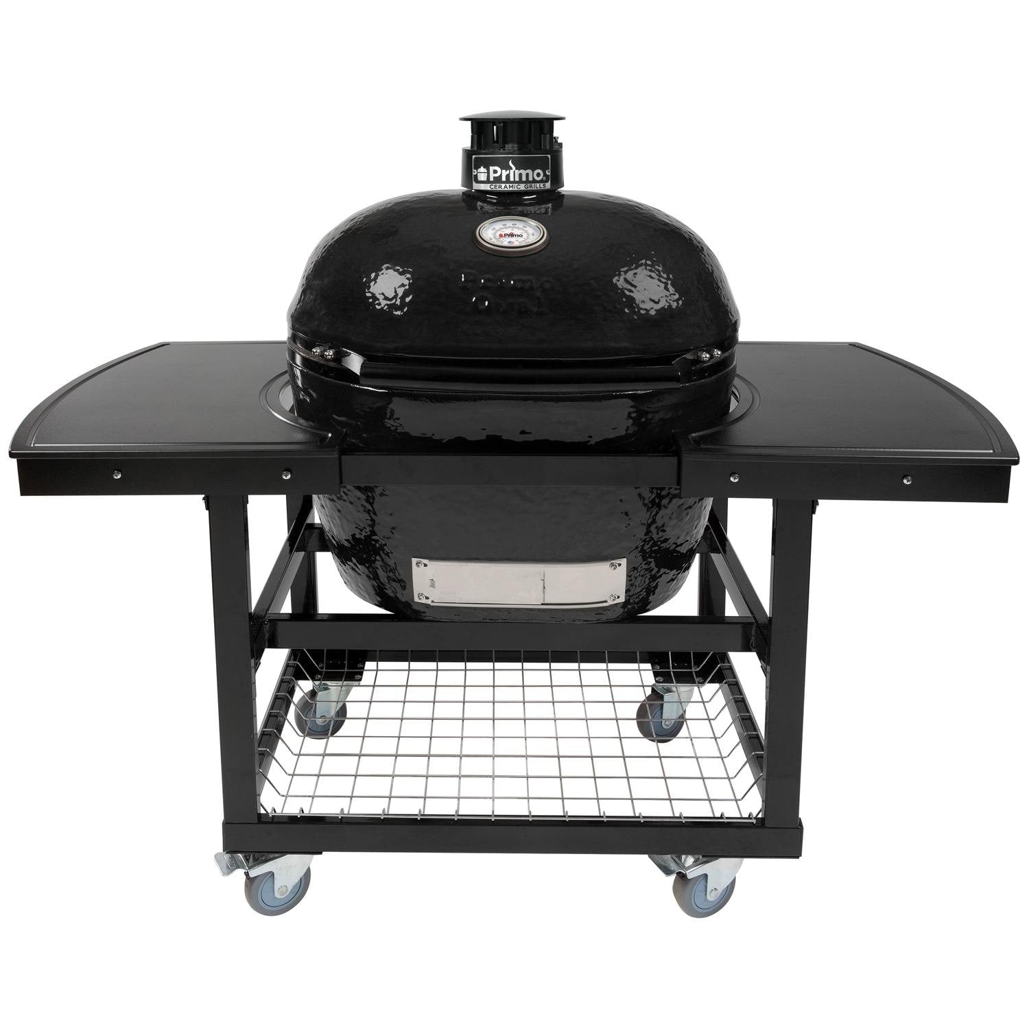 Primo Oval XL Ceramic Kamado Grill On Steel Cart With Side Shelves And Stainless Steel Grates