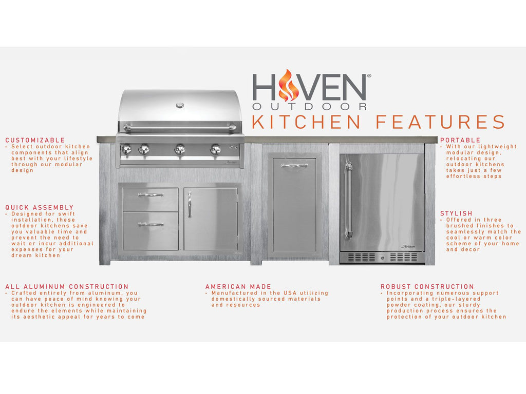 haven 6 ft. outdoor kitchen island w/ coyote c-series 30-inch grill, double access door & 24" refrigerator - harbor gray