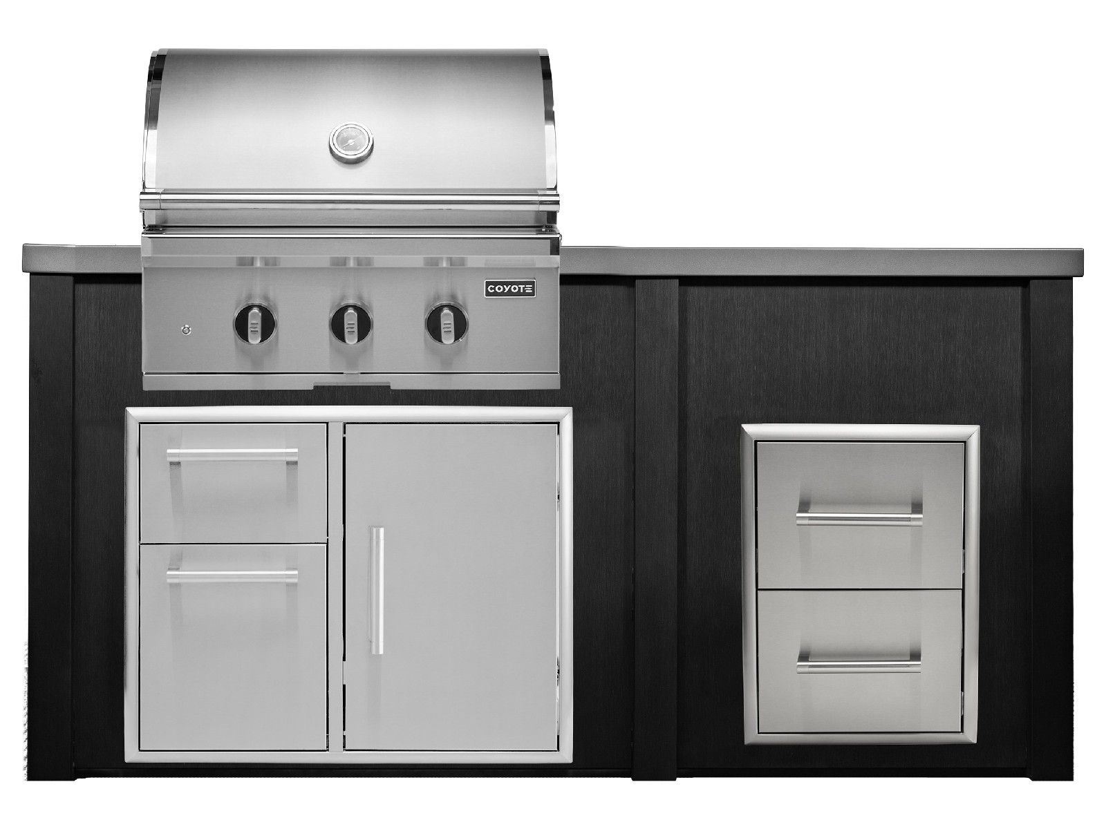 haven 6 ft. outdoor kitchen island w/ coyote sl-series 30-inch grill, 31" dry pantry & 2 drawer cabinet - brushed black