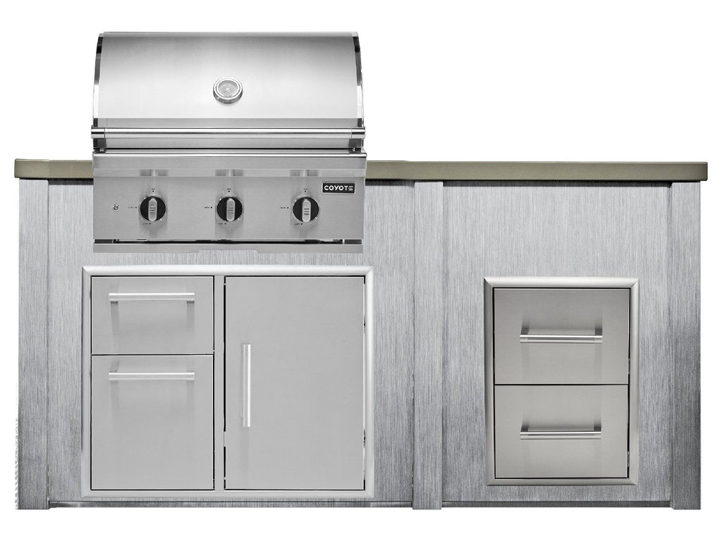 haven 6 ft. outdoor kitchen island w/ coyote c-series 30-inch grill, 31" dry pantry & 2 drawer cabinet - harbor gray