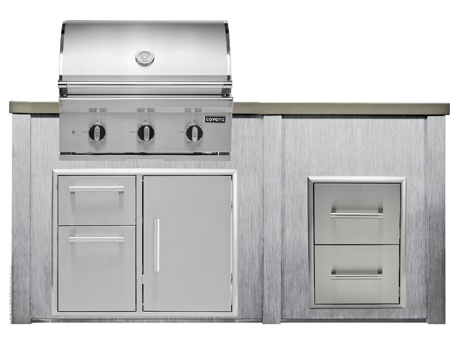 haven 6 ft. outdoor kitchen island w/ coyote c-series 30-inch grill, 31" dry pantry & 2 drawer cabinet - harbor gray