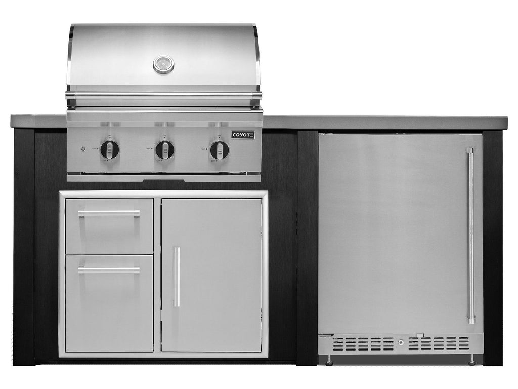 haven 6 ft. outdoor kitchen island w/ coyote c-series 30-inch grill, 31" dry pantry & 24" refrigerator - brushed black