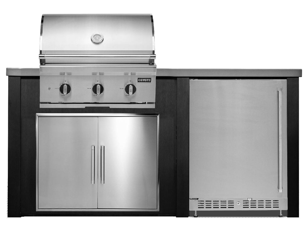 haven 6 ft. outdoor kitchen island w/ coyote c-series 30-inch grill, double access door & 24" refrigerator - brushed black