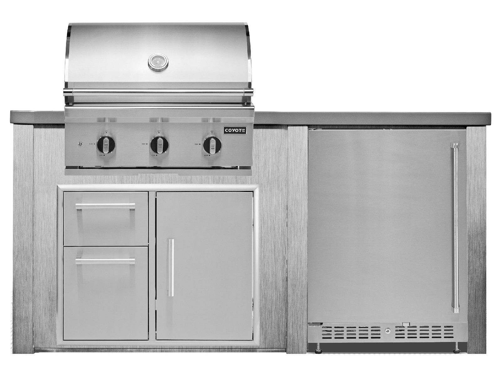haven 6 ft. outdoor kitchen island w/ coyote c-series 30-inch grill, 31" dry pantry & 24" refrigerator - harbor gray
