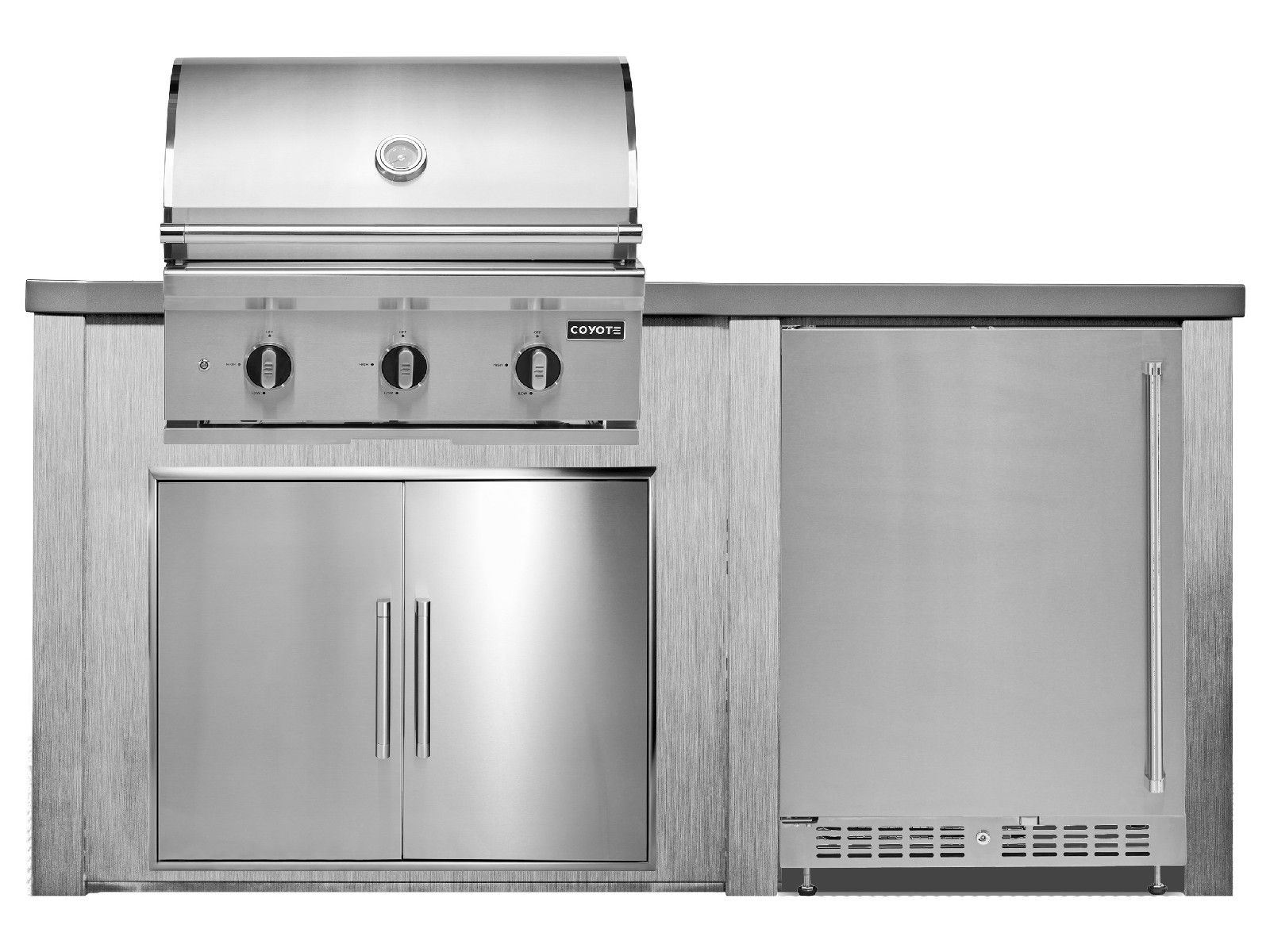 haven 6 ft. outdoor kitchen island w/ coyote c-series 30-inch grill, double access door & 24" refrigerator - harbor gray