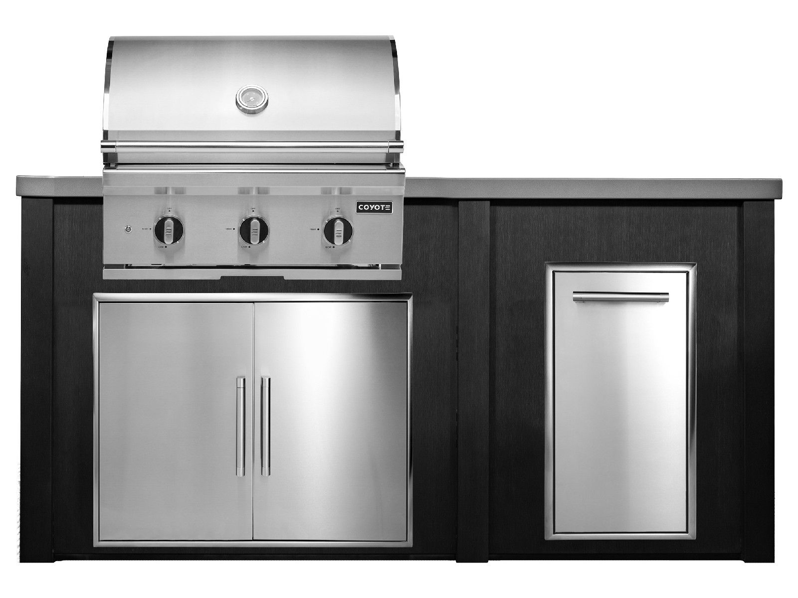 haven 6 ft. outdoor kitchen island w/ coyote c-series 30-inch grill, double access door & trash center - brushed black
