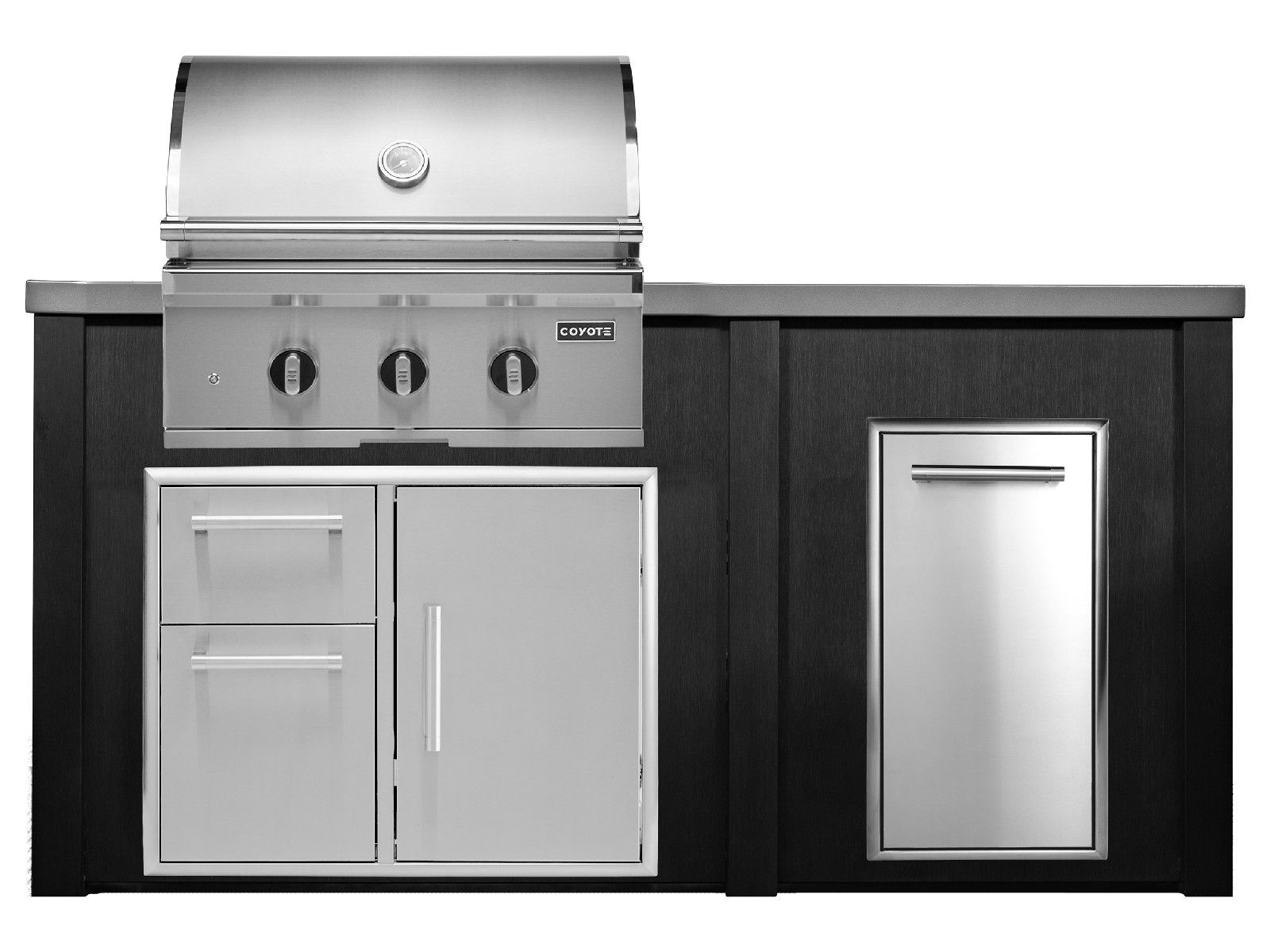 haven 6 ft. outdoor kitchen island w/ coyote c-series 30-inch grill, 31" dry pantry & trash center - brushed black
