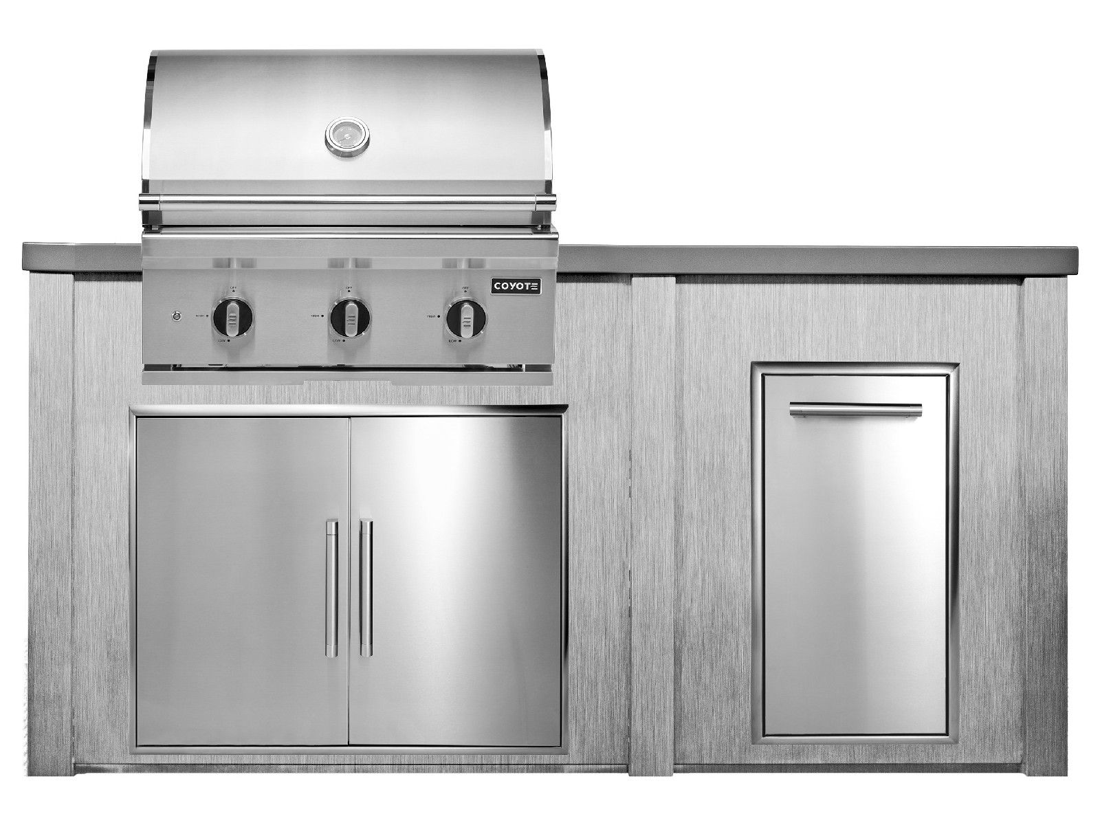 haven 6 ft. outdoor kitchen island w/ coyote c-series 30-inch grill, double access door & trash center - harbor gray