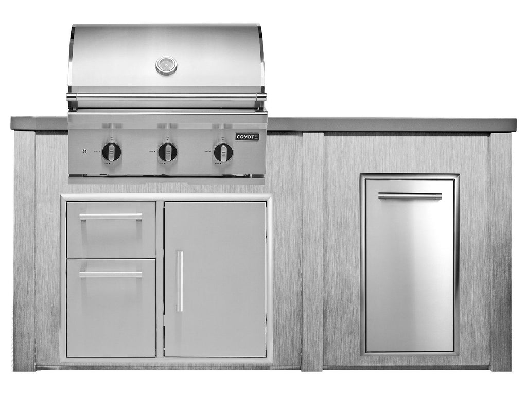 haven 6 ft. outdoor kitchen island w/ coyote c-series 30-inch grill, 31" dry pantry & trash center - harbor gray