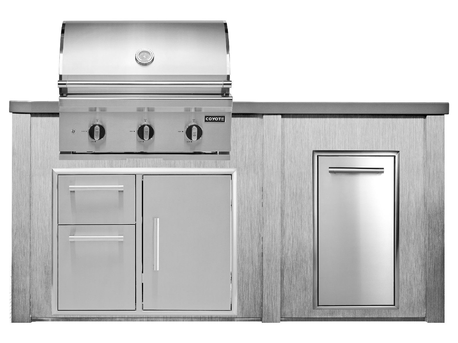 haven 6 ft. outdoor kitchen island w/ coyote c-series 30-inch grill, 31" dry pantry & trash center - harbor gray