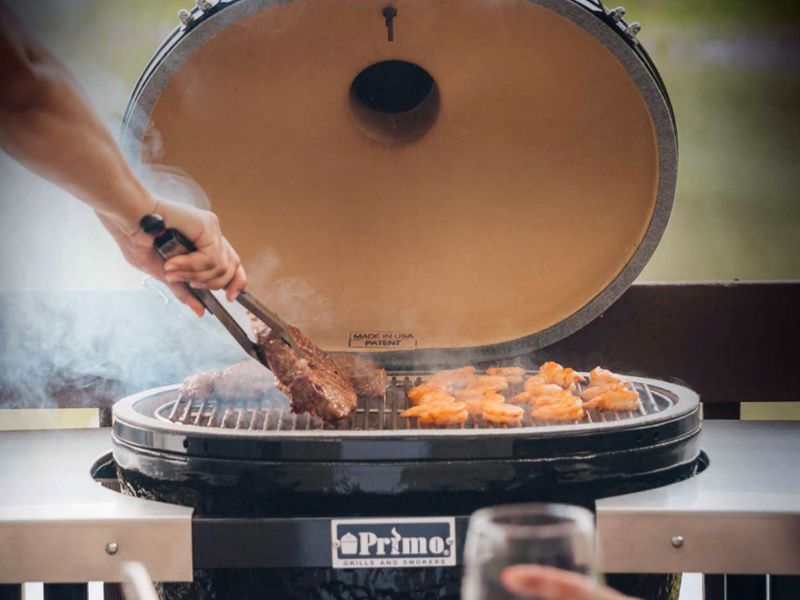 Primo All-In-One Oval XL Ceramic Kamado Charcoal Grill With Cradle and Side Shelves